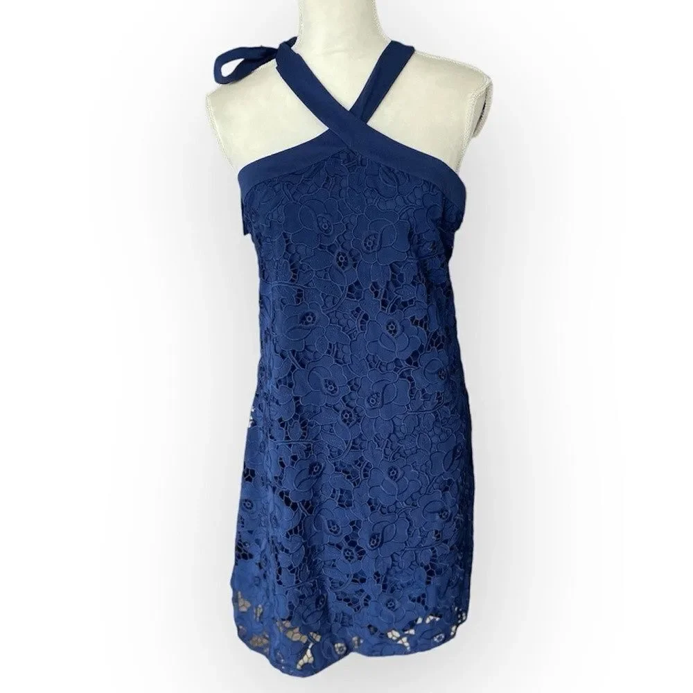 Anthropologie Shoshanna Floral Lace Navy Blue Halter Dress Size 6